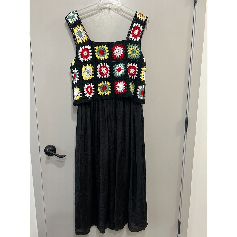 Vtg 70 Crochet granny Square top tiered black long Dress Boho, retro Y2k Sz XL - Picture 3 of 8